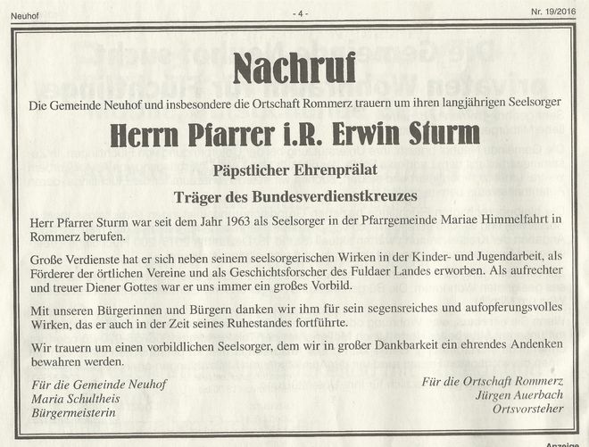 Pfarrer Erwin Sturm Rommerz